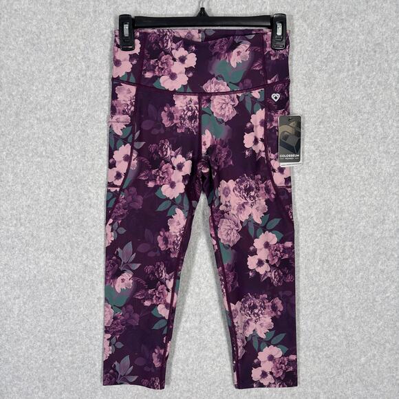 Colosseum Capri Leggings Womens Small Purple Allure Peonies Pockets Yoga Active - Picture 1 of 8